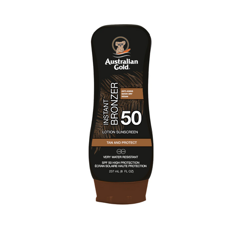 Australian Gold SPF 50 instant bronzer sunscreen lotion bottle