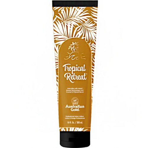 Sunscreen lotion tube with Tropical Retreat graphic and Australian Gold branding, brown-gold