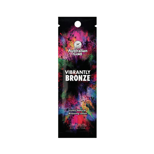 Australian Gold Vibrantly Bronze tanning lotion sachet, 15 ml, dark colorful label