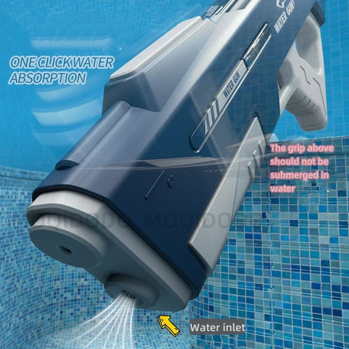 Blue water gun toy showing suction nozzle and side water inlet
