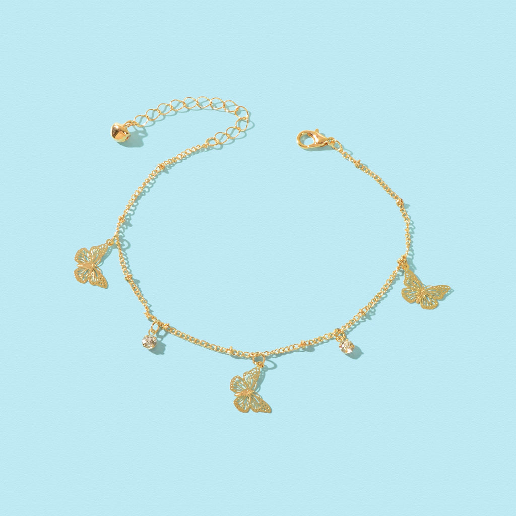 Gold Silver Chain Rhinestone Butterfly Charm Anklet Summer Beach Foot Jewellery