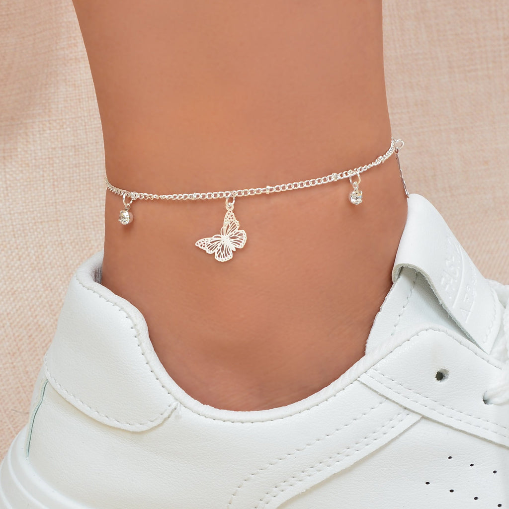 Gold Silver Chain Rhinestone Butterfly Charm Anklet Summer Beach Foot Jewellery