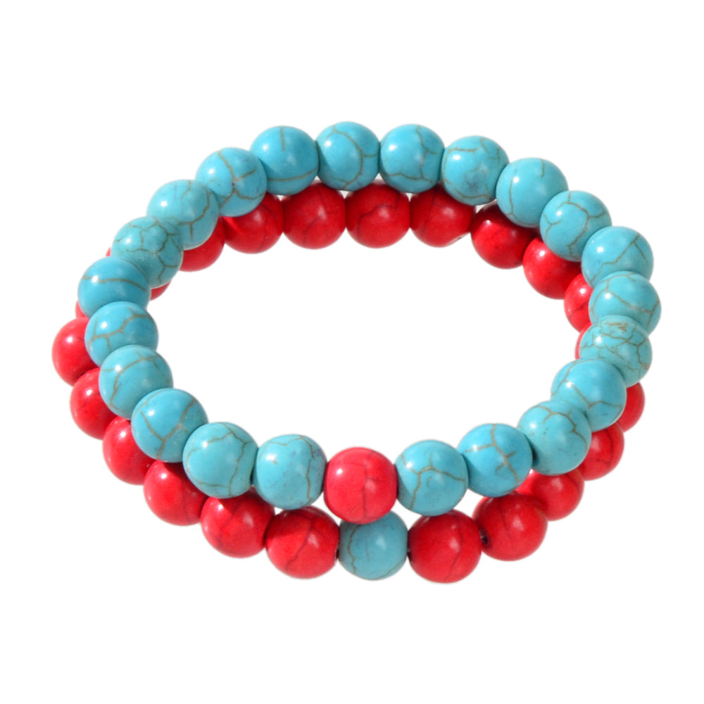 2pcs Bohemian Ethnic Handmade Red Beige Beads Turquoise Elastic Bracelets Bangle
