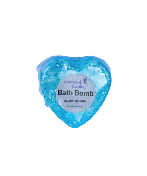 Blue heart-shaped bath bomb with Bath Bomb label and Muscle Soothing text