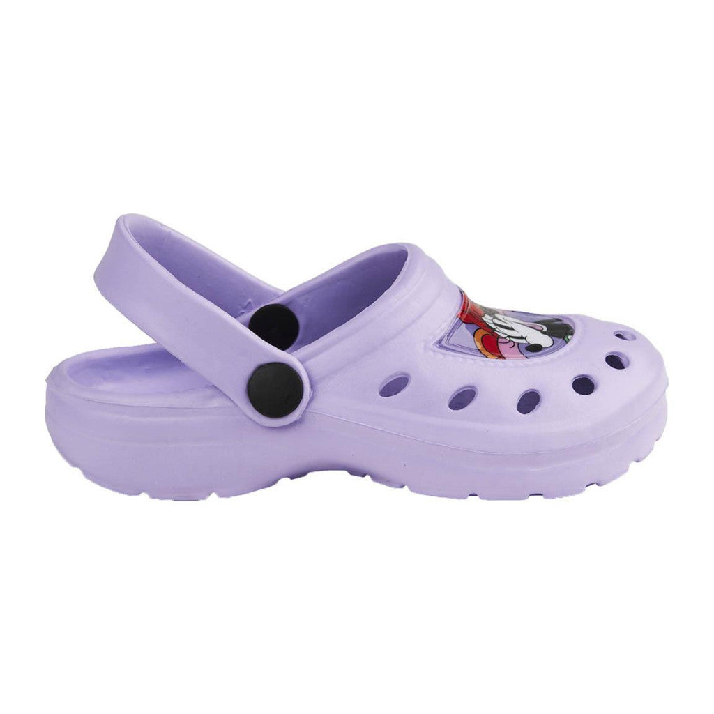 Children's Minnie clogs, lavender side view with round vent holes and logo patch