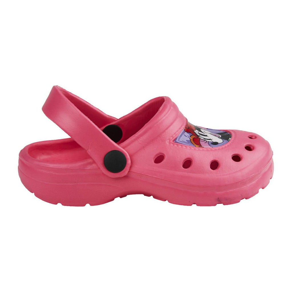Children's Minnie clogs, pink side view with round vent holes and logo patch
