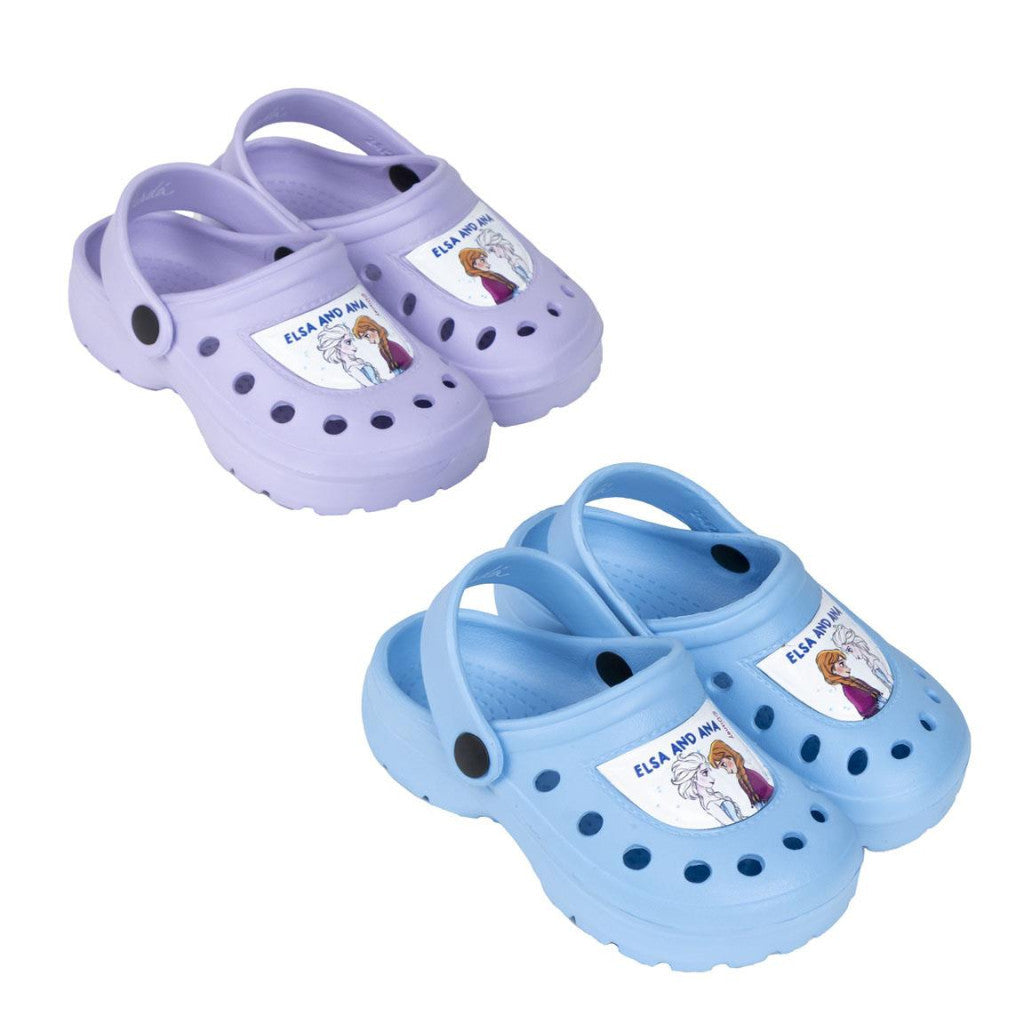 Kids' clog slippers in lilac and light blue with character patches and holes
