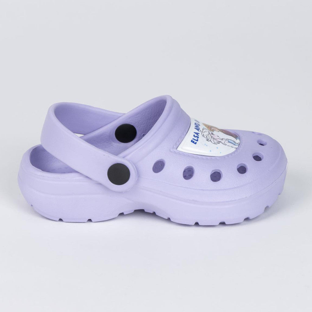 Lilac kids' clog slippers with character patch, round ventilation holes, strap