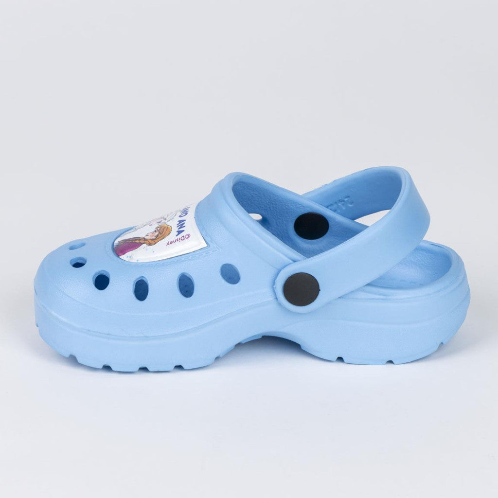 Light blue kids' clog slippers with character patch and dark round ventilation holes