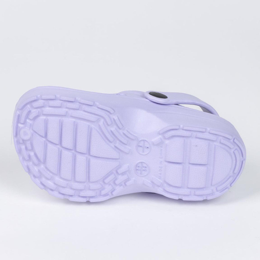 Kids' lilac clog slippers with ridged rubber sole and strap opening