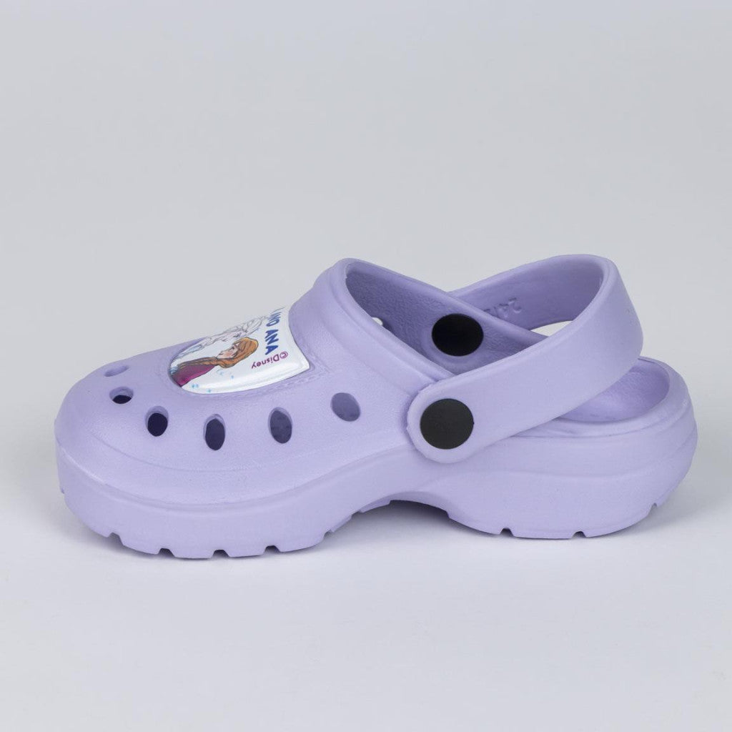 Children's lavender character clog slippers with side strap and round holes