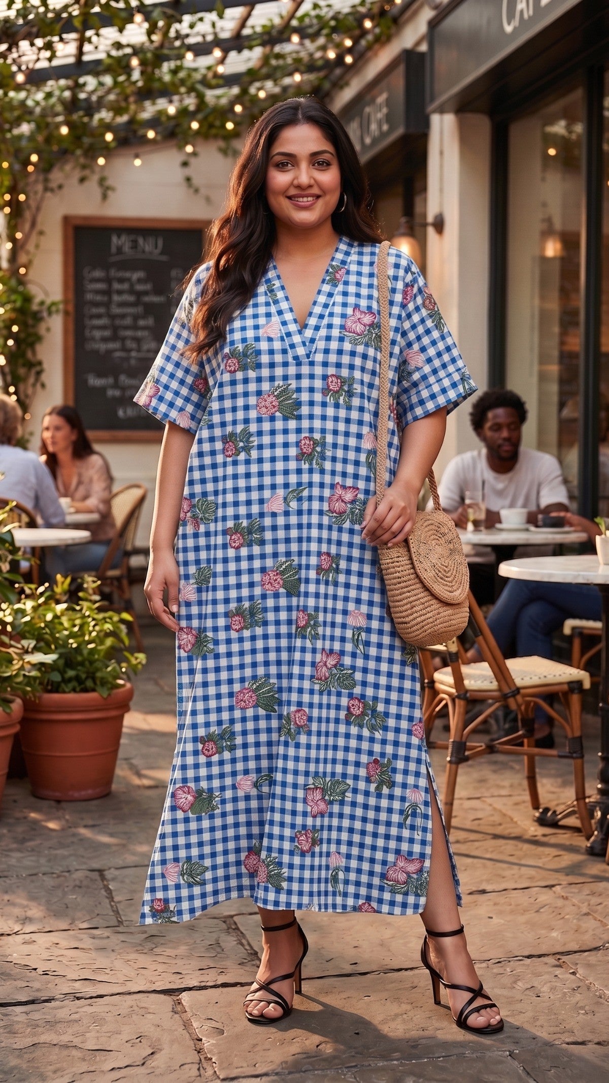 Plus Size Blue Checked Floral Print Maxi Dress – Relaxed Fit 100% Cotton Dress for Women - Dresses at Dealshubindia