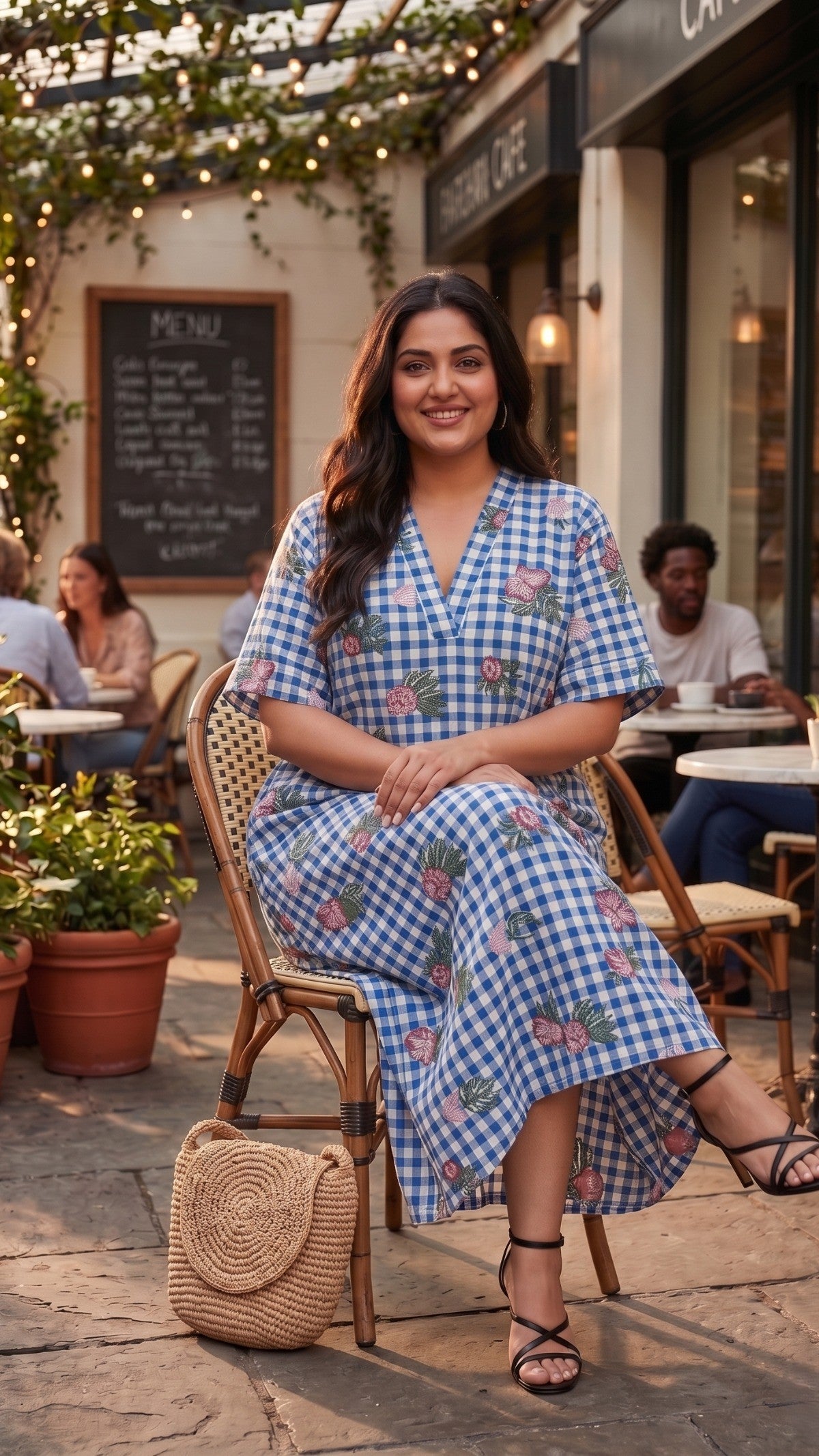 Plus Size Blue Checked Floral Print Maxi Dress – Relaxed Fit 100% Cotton Dress for Women - Dresses at Dealshubindia
