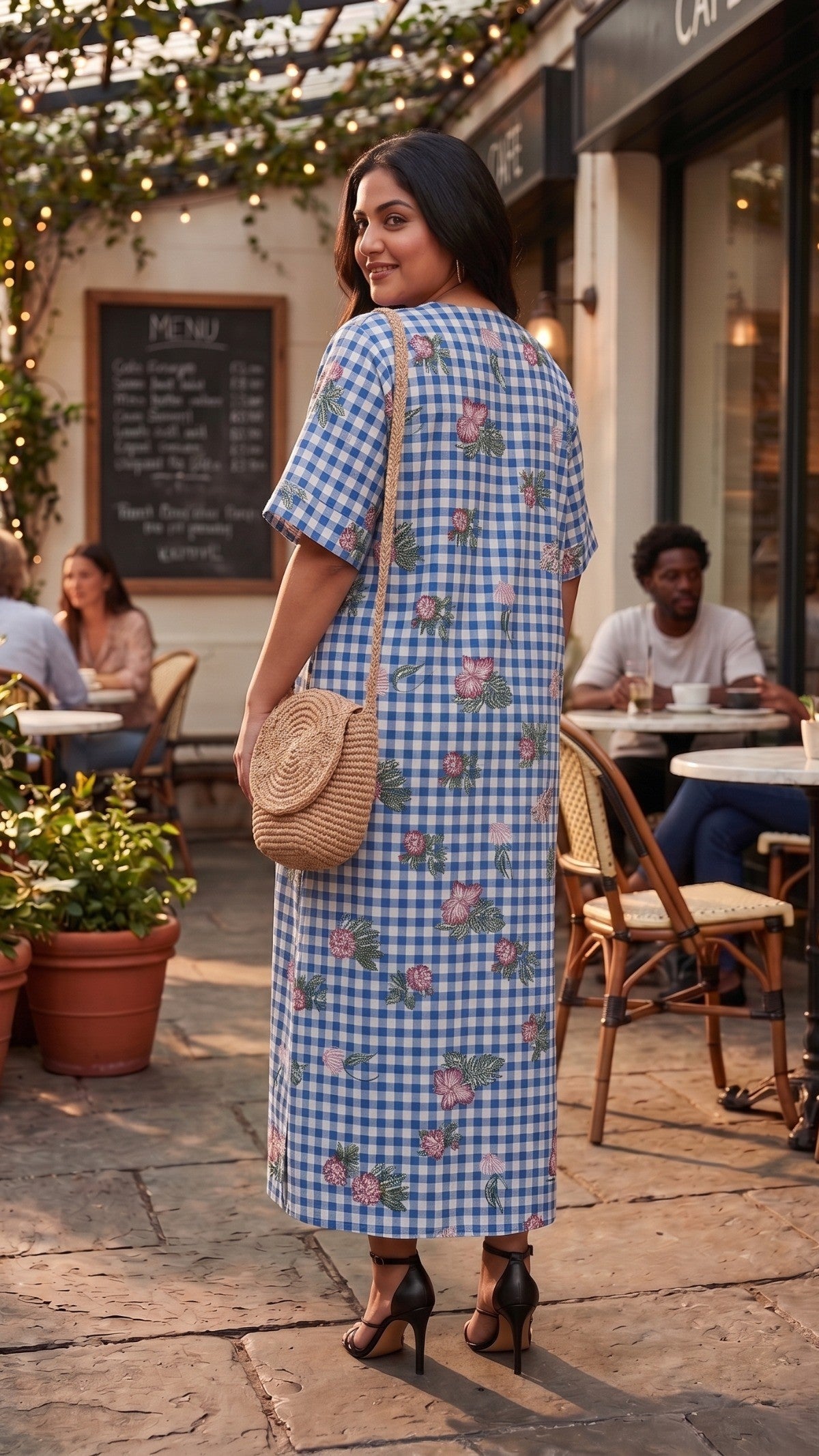 Plus Size Blue Checked Floral Print Maxi Dress – Relaxed Fit 100% Cotton Dress for Women - Dresses at Dealshubindia