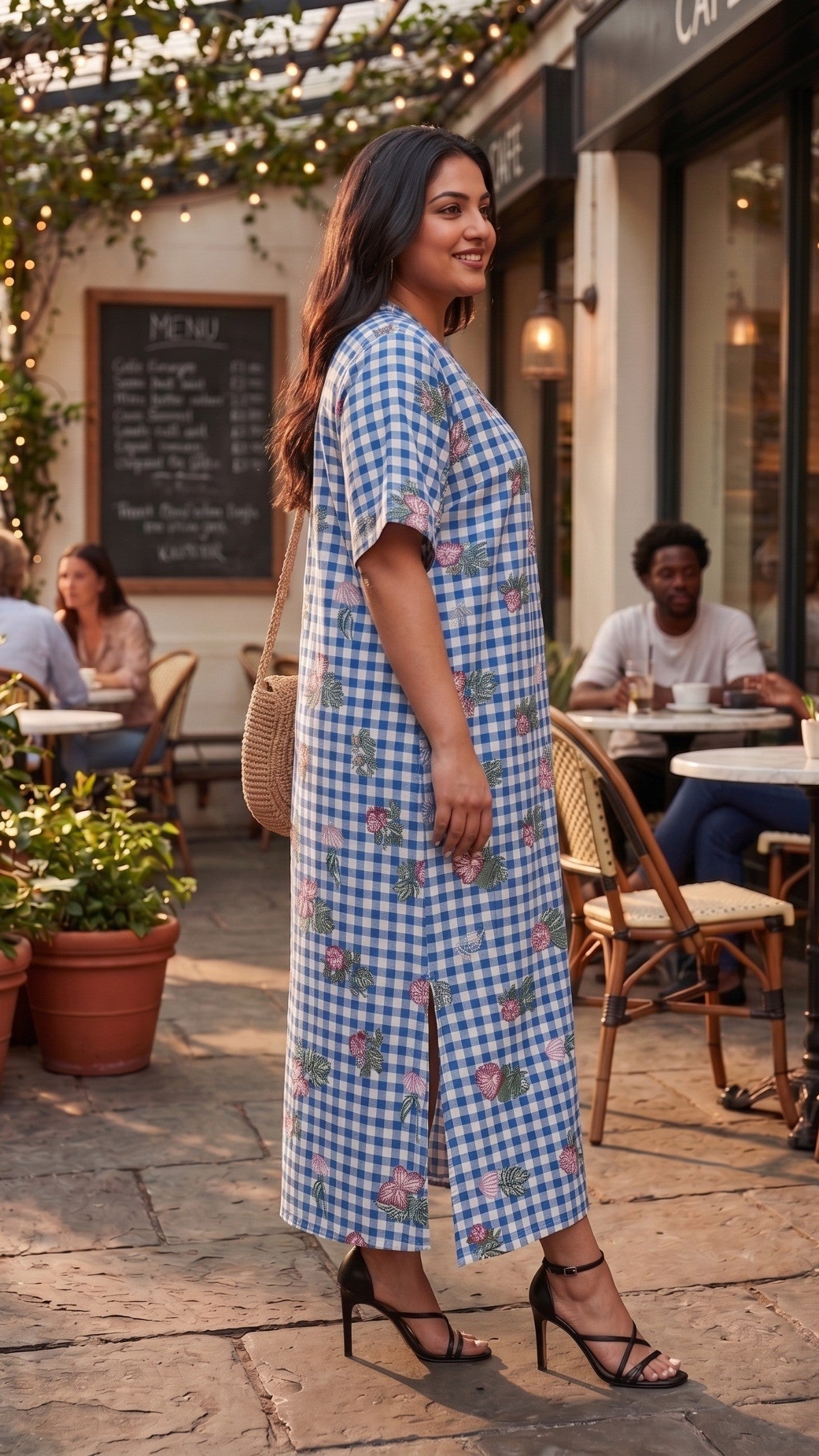 Plus Size Blue Checked Floral Print Maxi Dress – Relaxed Fit 100% Cotton Dress for Women - Dresses at Dealshubindia