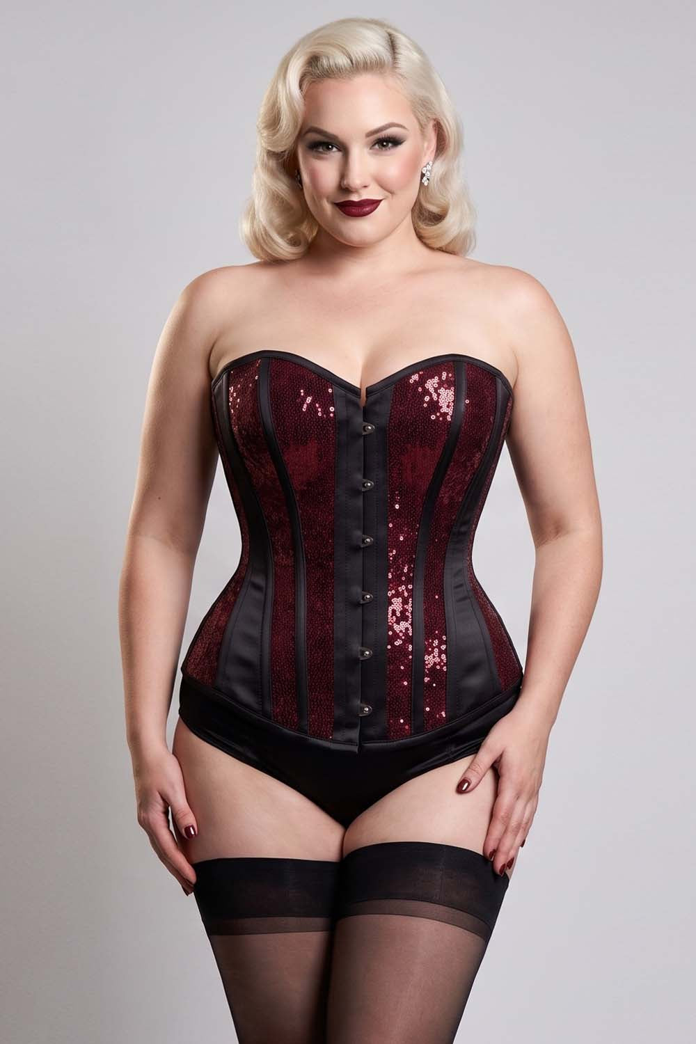 Rosalyn Maroon Sequins Burlesque Overbust Corset