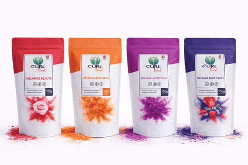 Cure Food fruit blend pouches, four colorful stand-up bags