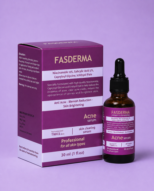 Acne serum in amber glass bottle with dropper beside purple FASDERMA box