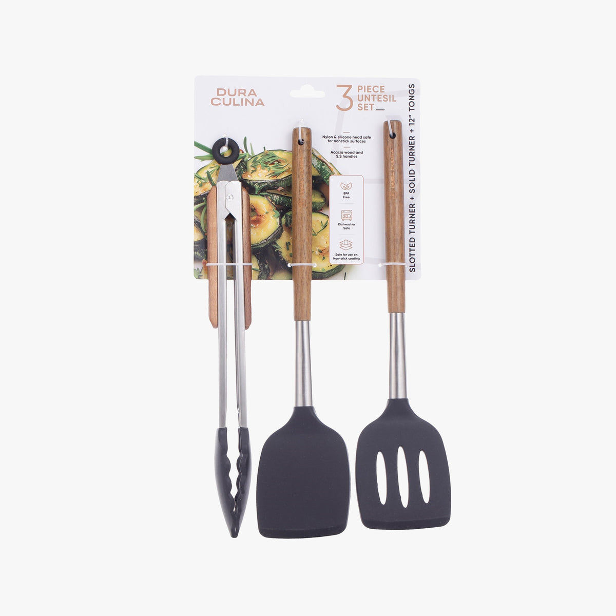 3-Piece Kitchen Tool Set - Acacia Wood & Stainless Steel Handles, Silicone Heads, Non-Stick Safe, Black - Kitchen Tools at Dealshubindia