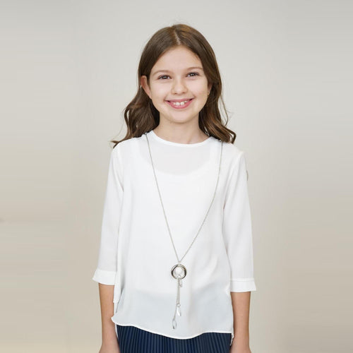 Girls casual set: white blouse with 3/4 sleeves and navy pleated accordion skirt