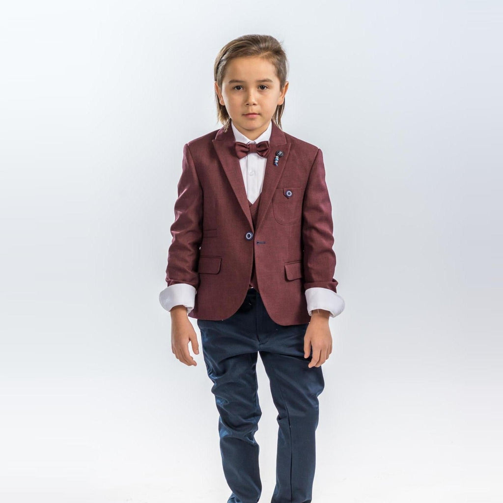 Boys burgundy formal suit: bow tie with blazer and vest, paired with dark trousers