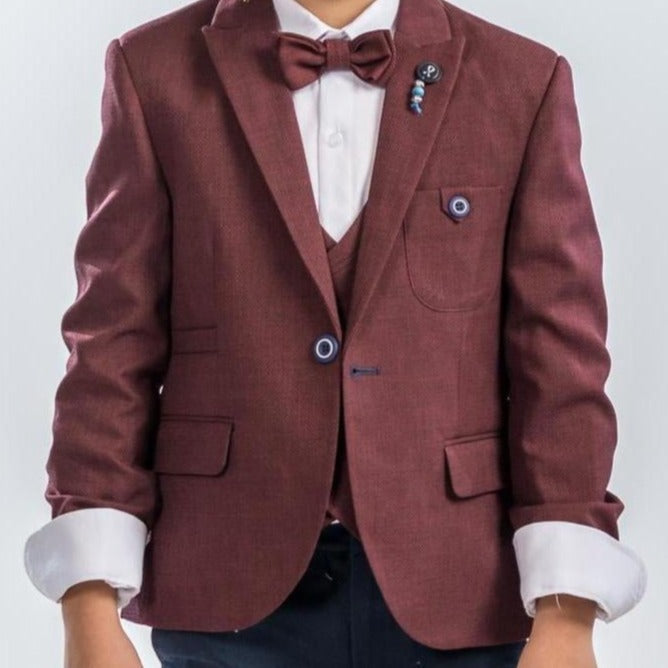 Boys burgundy 3-piece suit set: bow tie, blazer, and vest with pocket detailing
