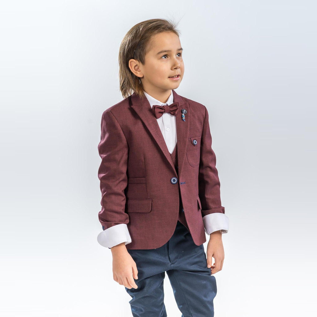 Boys burgundy suit with bow tie: single-breasted blazer, patterned vest, and dark pants