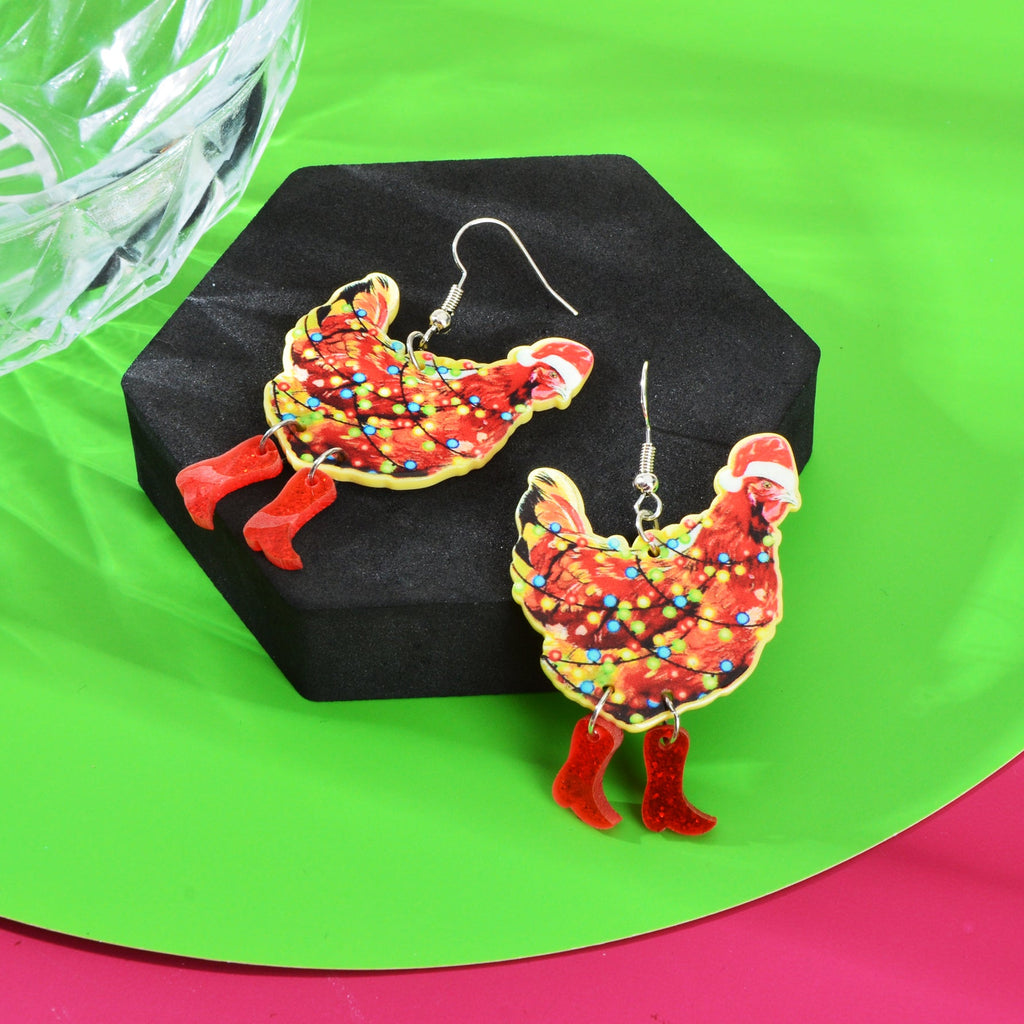 1pair Christmas Coloured Lights Decor Red Big Cock Acrylic Dangle Earrings Women Festival Jewelry - Earrings at Dealshubindia