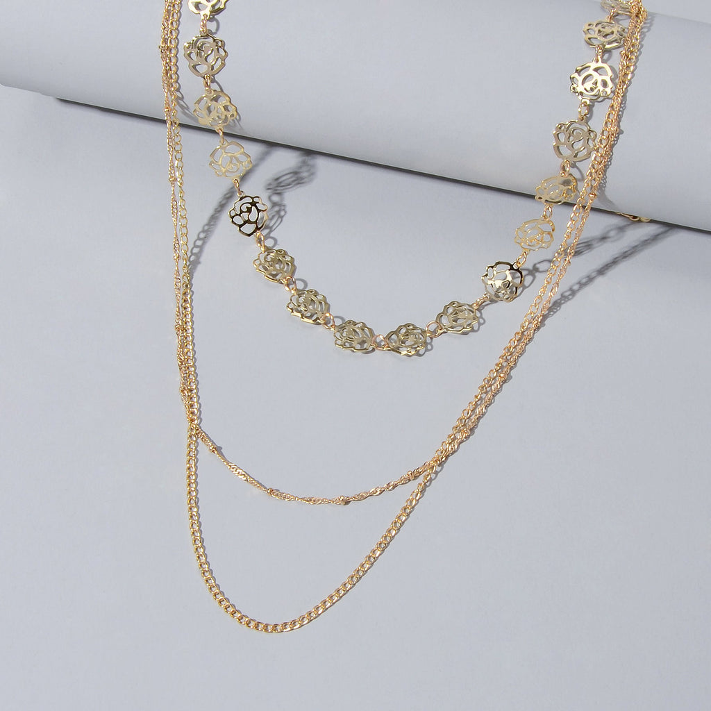 Multi-layer Gold Chain Flower Collar Necklace Ladies Fashion Party Accessories