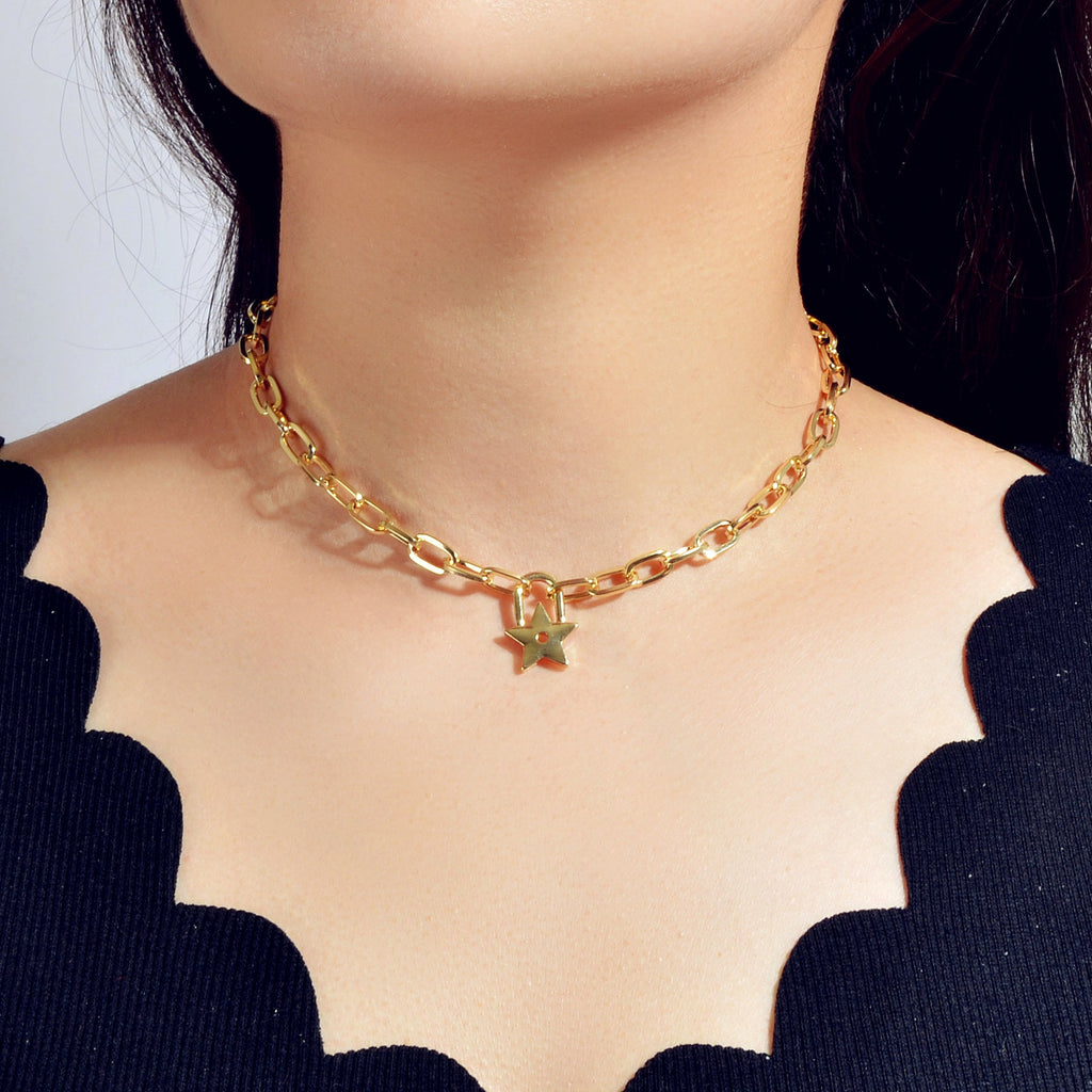 Trendy Jewellery Gold Paperclip Chain Star Lock Pendant Collar Choker Necklace