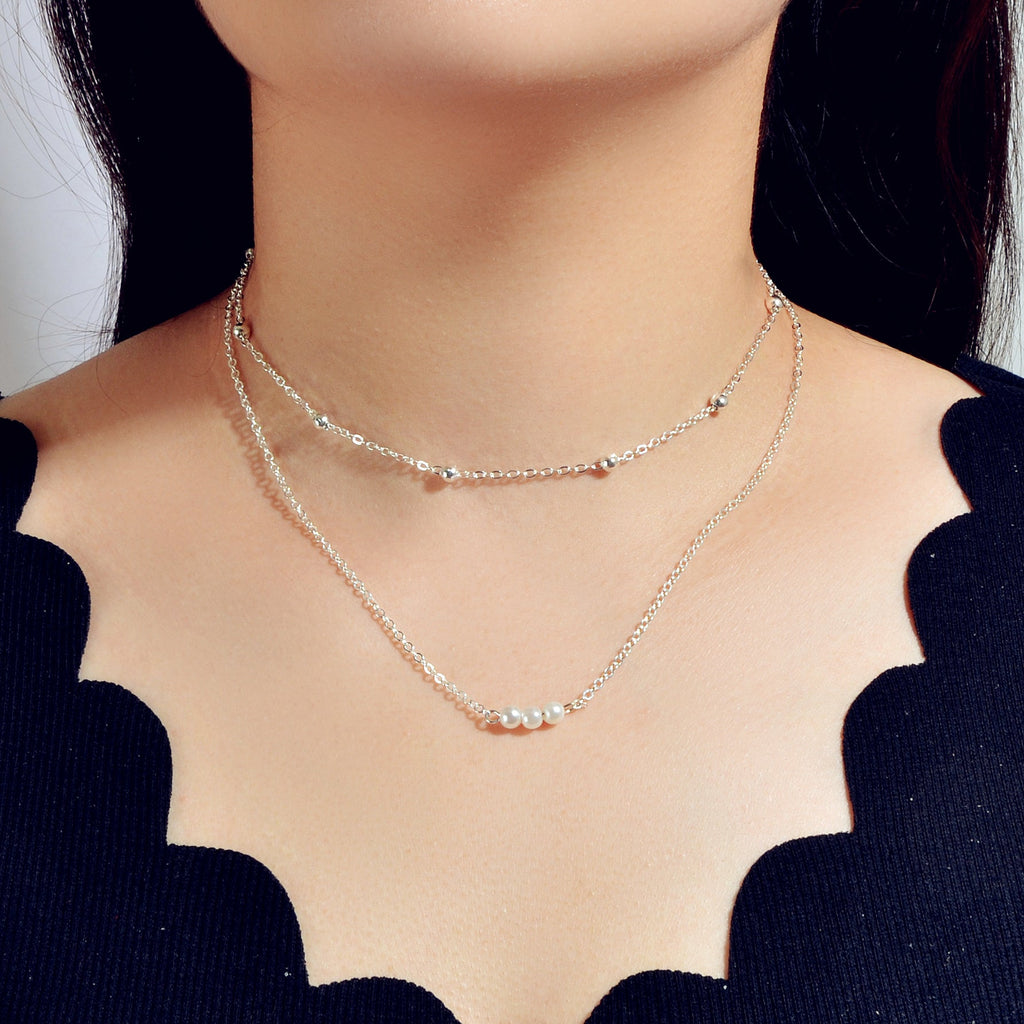 2pcs Female Jewellery Gold Silver Chain Beads Pearl Necklace Fashion Accessories