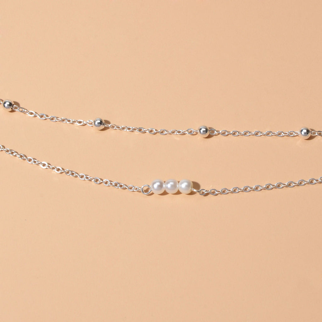2pcs Female Jewellery Gold Silver Chain Beads Pearl Necklace Fashion Accessories
