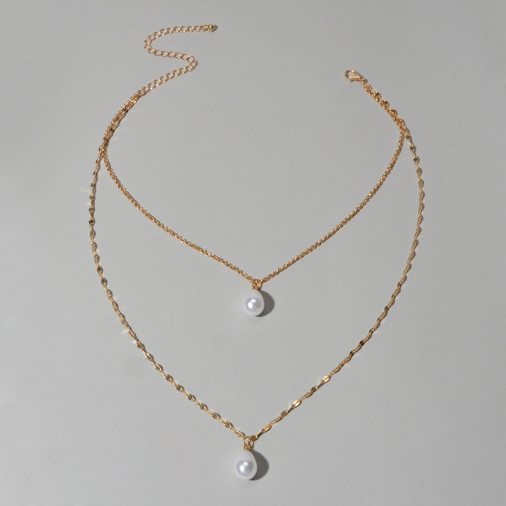 Fashion Double-layer Gold Chain Imitation Pearl Pendant Necklace Gift Jewelry