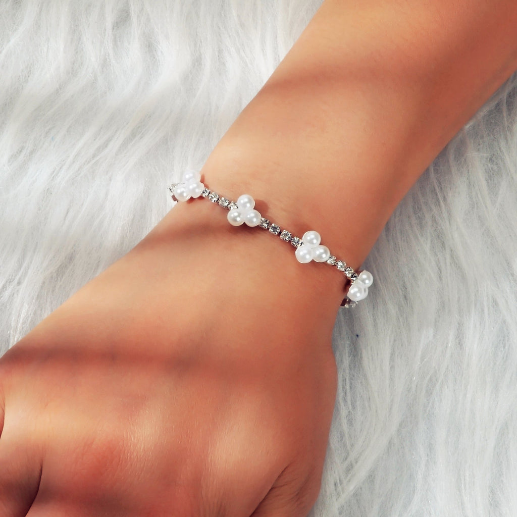 Luxurious Anniversary Wedding Jewellery Rhinestone Pearl Silver Chain Bracelets