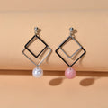 Asymmetric Jewellery Silver Black Square White Pink Beads Dangle Earrings Women
