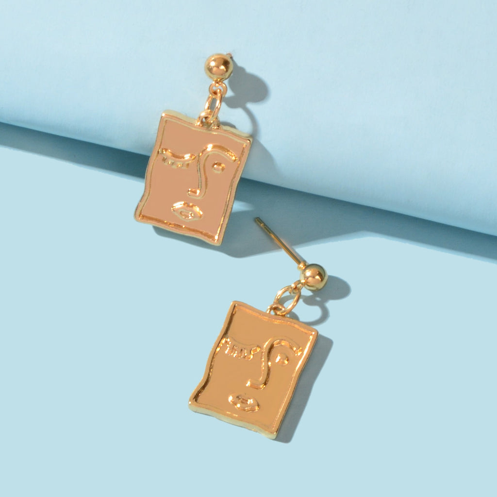 Punk Gold Silver Face Pattern Rectangle Dangle Drop Earrings Statement Jewellery