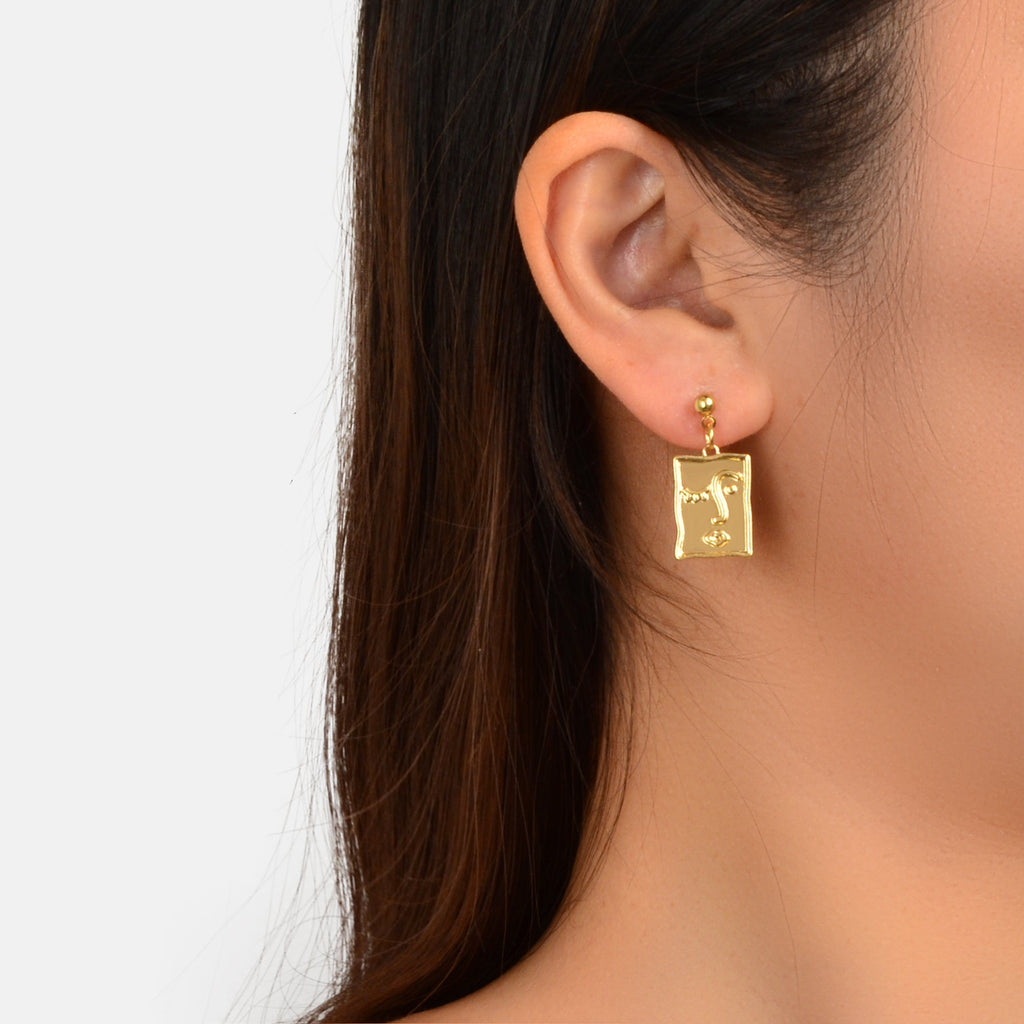 Punk Gold Silver Face Pattern Rectangle Dangle Drop Earrings Statement Jewellery