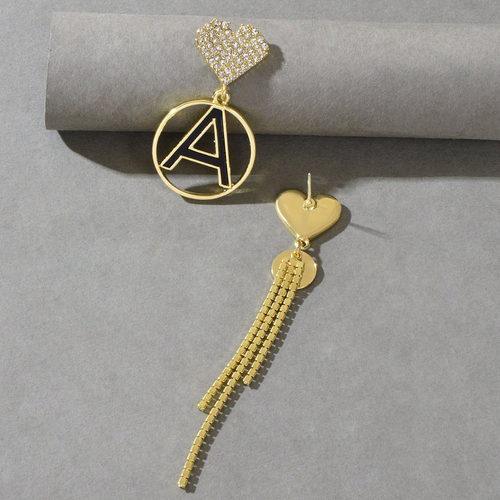 Gold-tone letter A circle disc charm earrings with rhinestone heart top and tassel drop