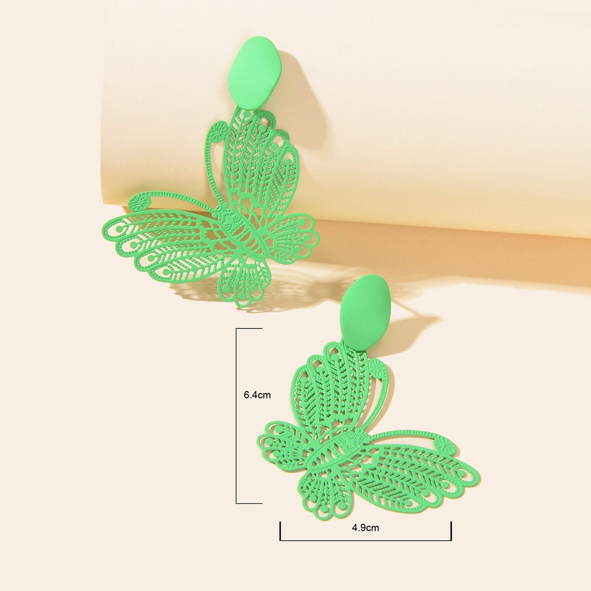 Green hollow butterfly stud earrings, size 6.4 cm x 4.9 cm