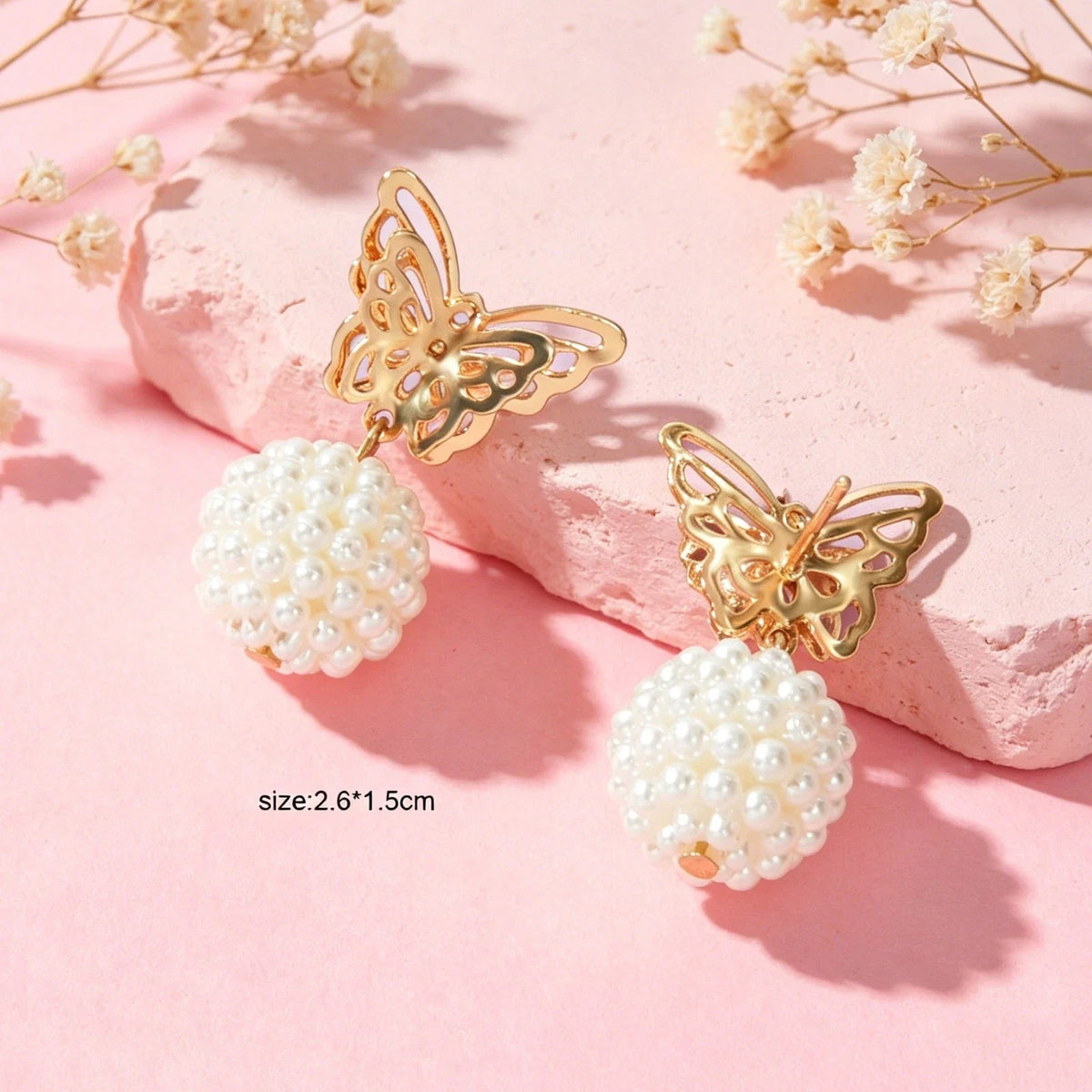 Faux Pearl Ball Gold Tone Butterfly Stud Earrings Women Teens Textured Jewellery