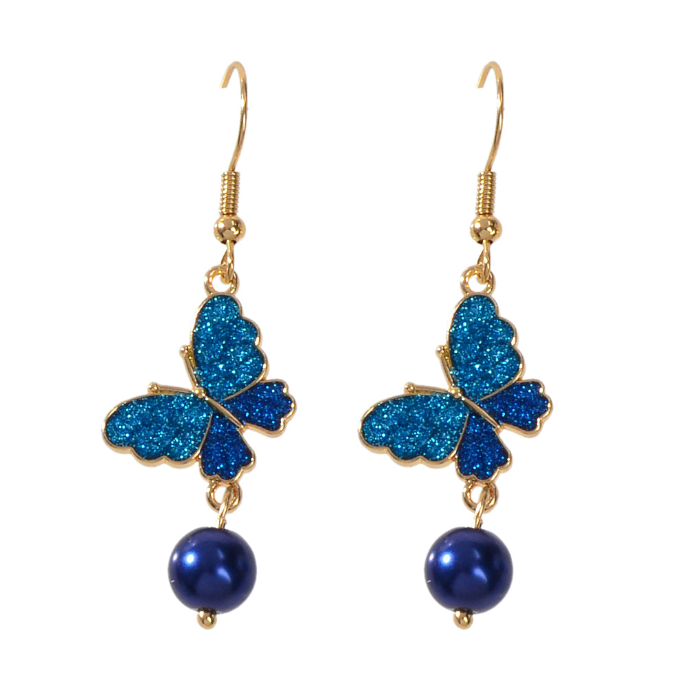Blue glitter butterfly drop earrings with dark blue pearl bead