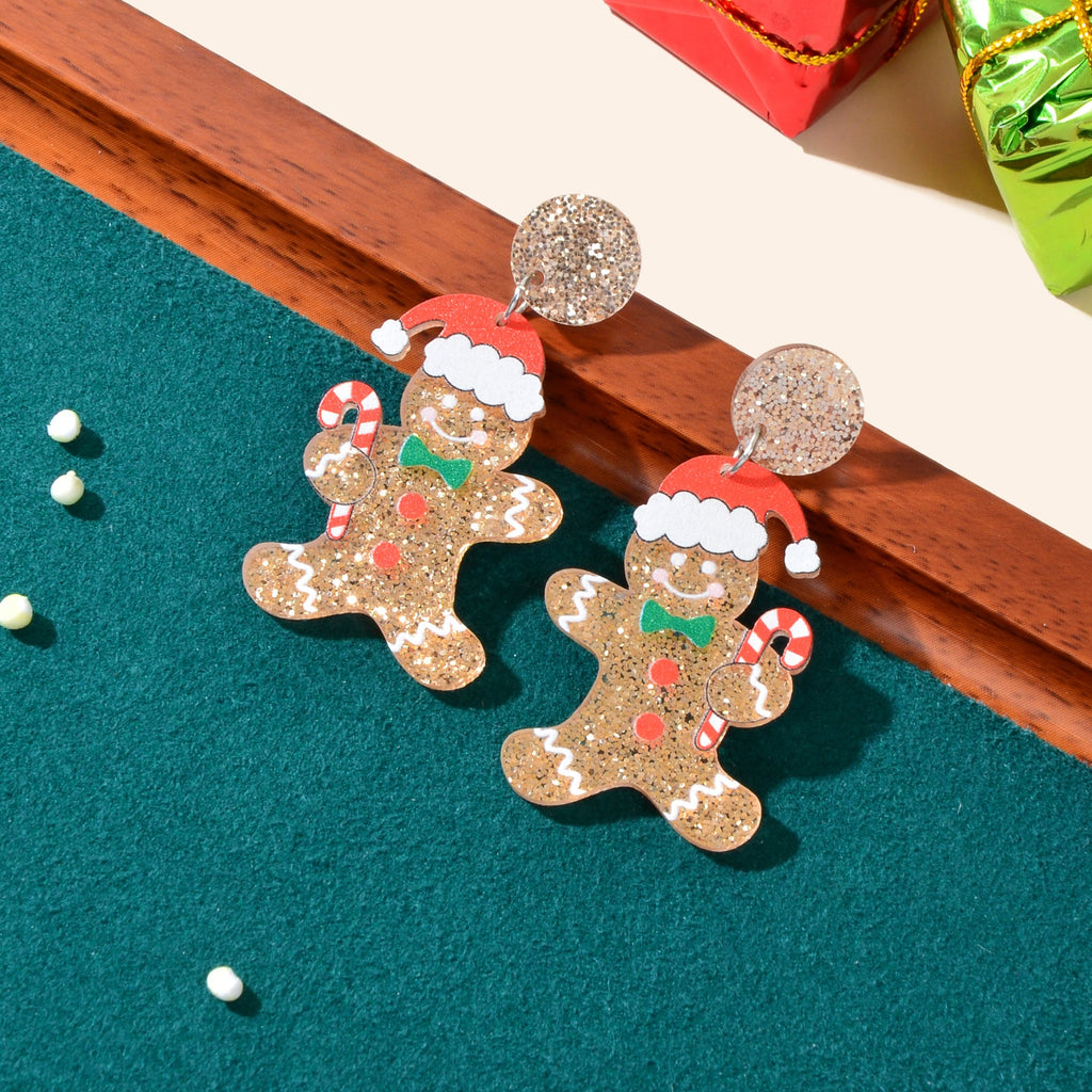 Christmas Gift Sparkling Acrylic Gingerbread Man with Candy Cane Dangle Earrings