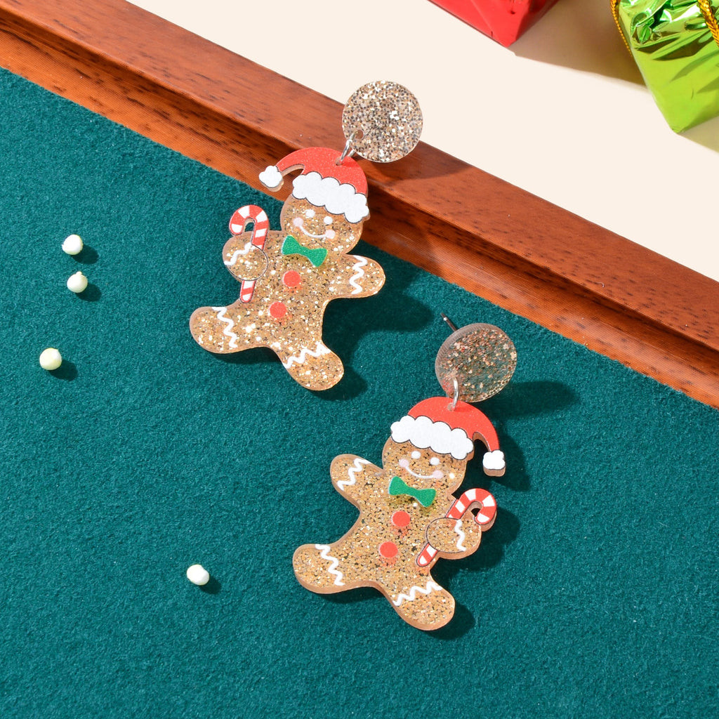 Christmas Gift Sparkling Acrylic Gingerbread Man with Candy Cane Dangle Earrings