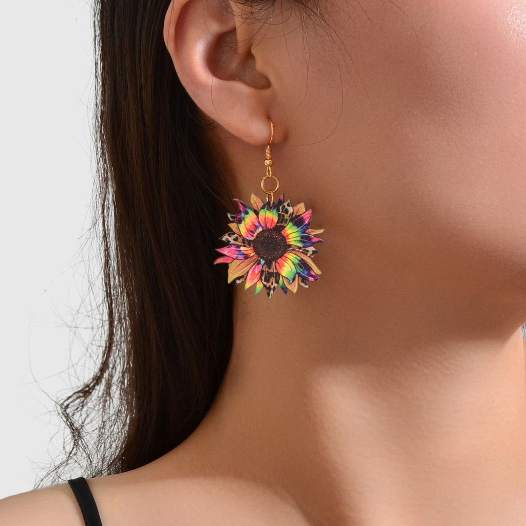 Bohemian Colorful Sunflower Pattern Wood Dangle Earrings Holiday Jewellery