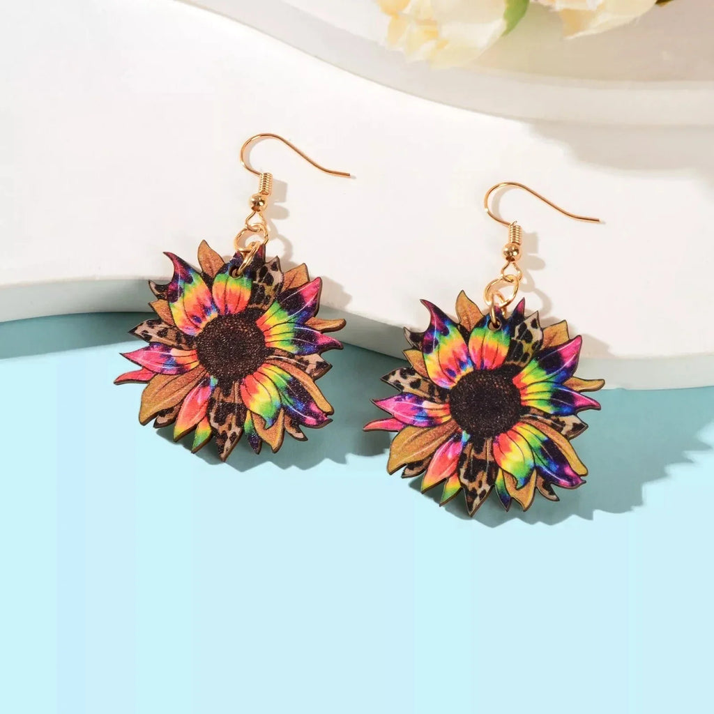 Bohemian Colorful Sunflower Pattern Wood Dangle Earrings Holiday Jewellery