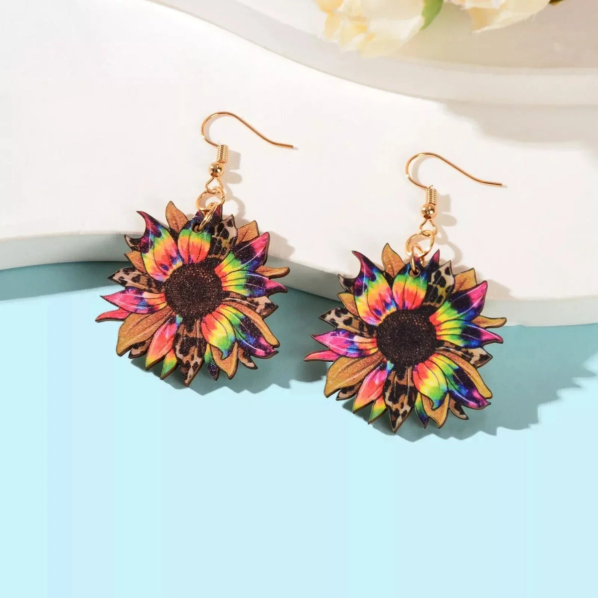 Bohemian Colorful Sunflower Pattern Wood Dangle Earrings Holiday Jewellery