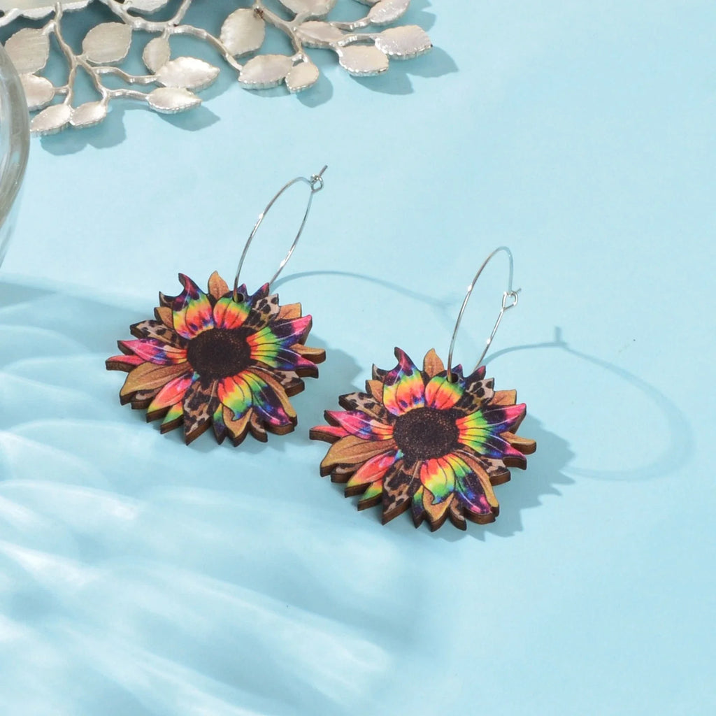 Bohemian Colorful Sunflower Pattern Wood Dangle Earrings Holiday Jewellery