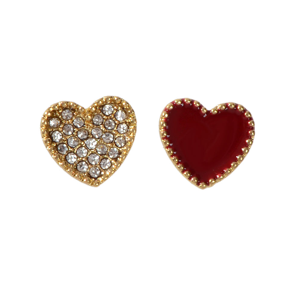 Full Rhinestone Red Enamel Heart Asymmetric Stud Gift Earrings For Women Teens