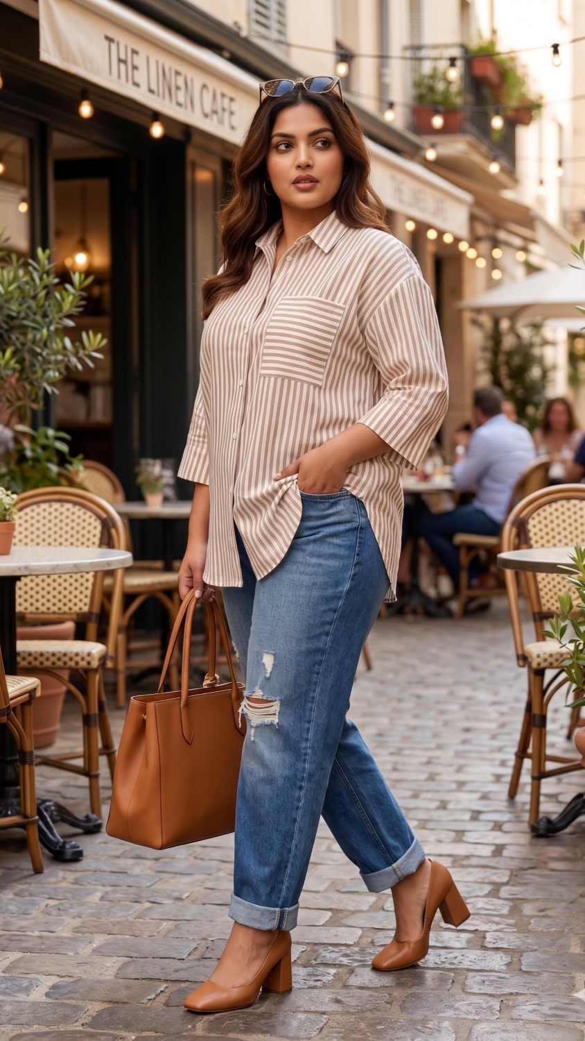 Plus Size Golden Striped 100% Cotton Shirt – Relaxed Fit Button-Down Casual Shirt for Women - Dresses at Dealshubindia