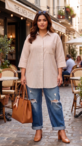 Plus Size Golden Striped 100% Cotton Shirt – Relaxed Fit Button-Down Casual Shirt for Women - Dresses at Dealshubindia